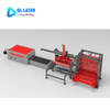 Overhead view of complete laser cutting production line including exchange table, vertical sheet storage warehouse and automatic loading unloading device