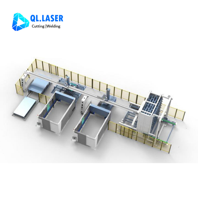 Complete automated fiber laser cutter integrated with dual exchange table, vertical sheet storage library and automatic loading unloading manipulator for metal sheet processing